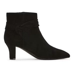 Black suede ankle boot with a mid-height heel and wraparound strap detail.