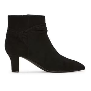 Black suede ankle boot with a mid-height heel and wraparound strap detail.