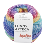 Colorful ball of yarn labeled \“Funny Azteca\“ by Katia, made of 47% acrylic, weighing 100g, and measuring 180 meters (196 yards).