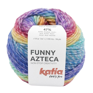 Colorful ball of yarn labeled \“Funny Azteca\“ by Katia, made of 47% acrylic, weighing 100g, and measuring 180 meters (196 yards).