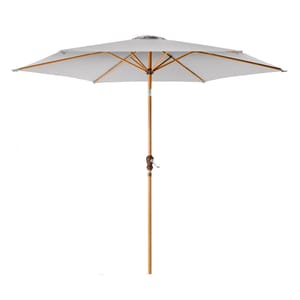A 10-foot wooden outdoor umbrella with a white canopy, featuring a crank handle for easy opening and tilt adjustment.
