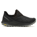 Merrell slip-on shoe in black with quilted texture and fluffy lining, featuring a Vibram sole for traction.