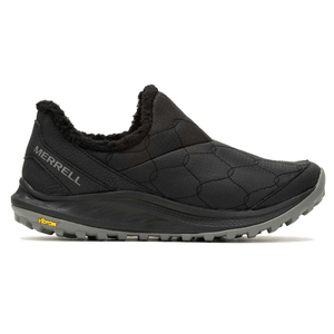 Merrell slip-on shoe in black with quilted texture and fluffy lining, featuring a Vibram sole for traction.
