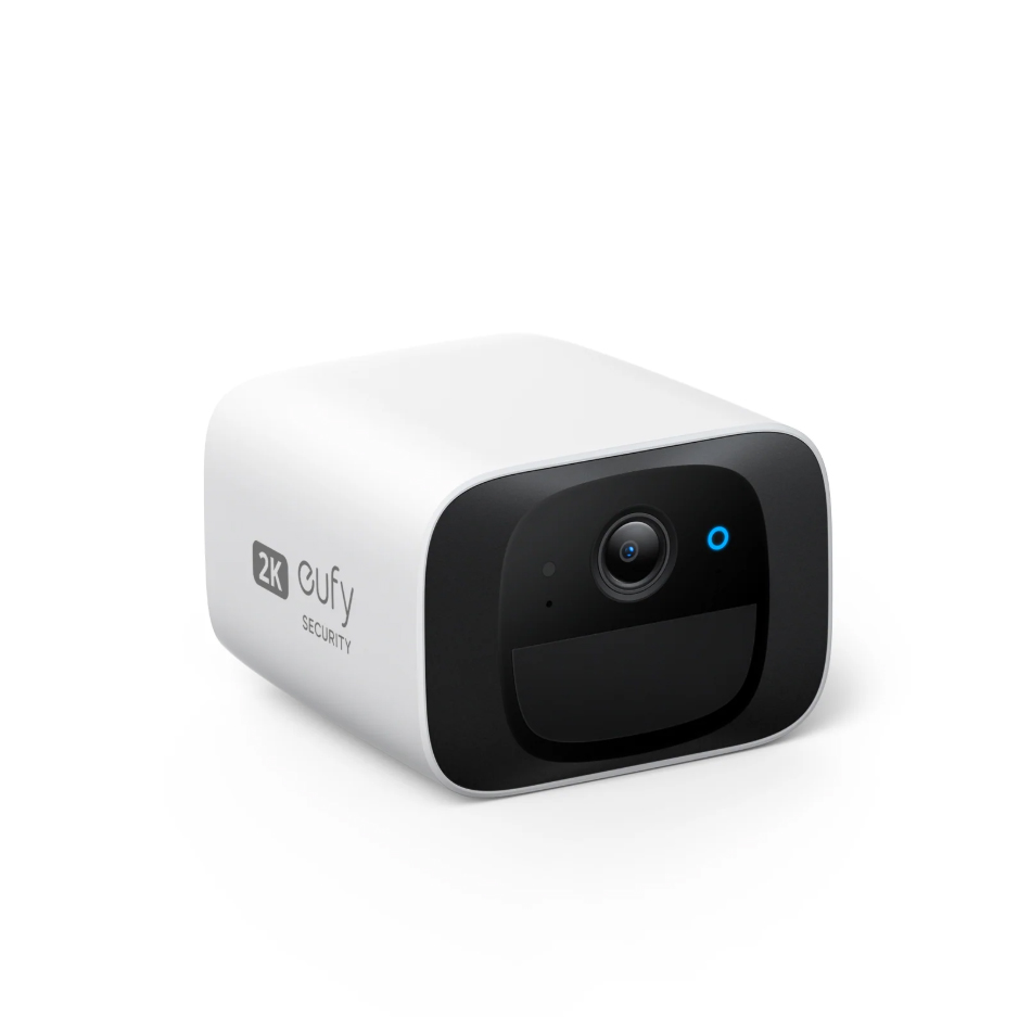 Eufy Wireless 2K Outdoor Camera: A compact, white and black security camera with 2K resolution, designed for outdoor use, featuring a lens on the front and branding on the side.