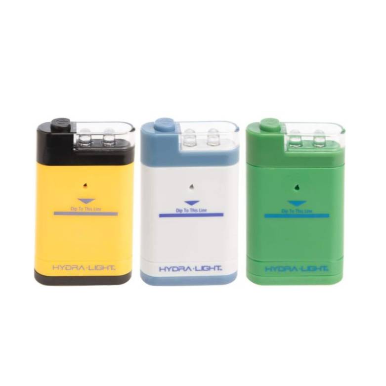 Three Hydra-Light water-activated personal lanterns in yellow, blue, and green colors.