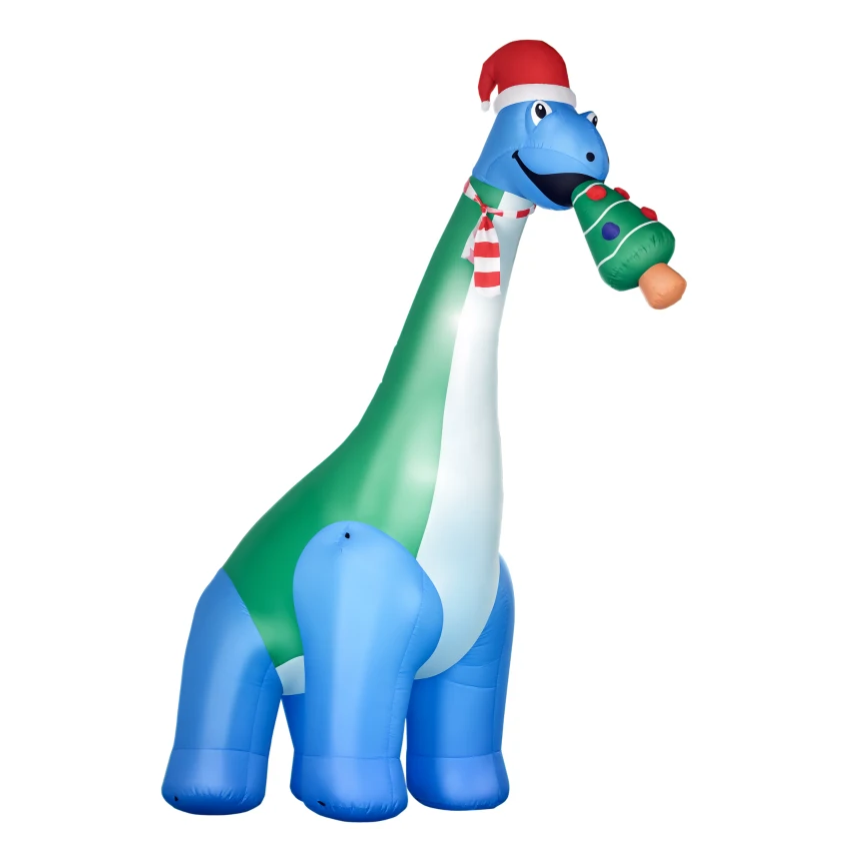 Inflatable dinosaur decoration wearing a Santa hat and striped scarf, holding a small Christmas tree.