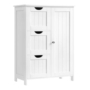 A white bathroom storage cabinet with a classic design featuring a single door and three pull-out drawers. The cabinet has a sleek, paneled look with a small round knob on the door.