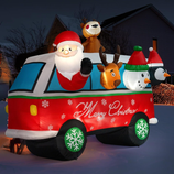 Inflatable Christmas decoration featuring a red van with snowflakes and \“Merry Christmas\“ text, with Santa, a reindeer, a snowman, and a penguin.