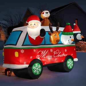 Inflatable Christmas decoration featuring a red van with snowflakes and \“Merry Christmas\“ text, with Santa, a reindeer, a snowman, and a penguin.