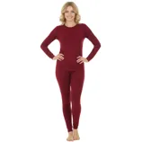 A woman is wearing a long-sleeve, burgundy thermal set consisting of a top and fitted pants.