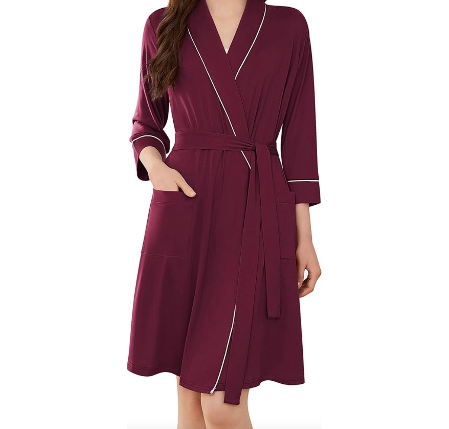Women's lightweight robe in burgundy with white piping, features a wrap belt, three-quarter sleeves, and front pockets.