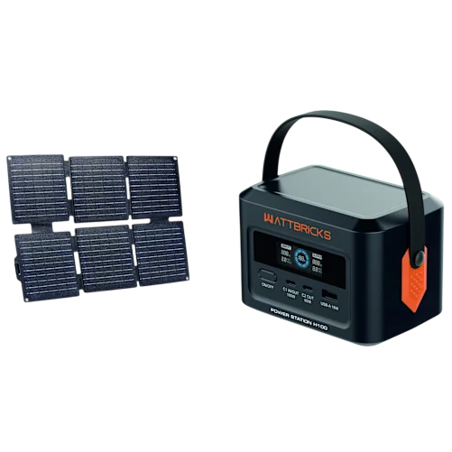 A portable solar power station with a foldable solar panel and a handheld unit featuring a handle and multiple output options.