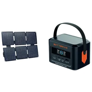 A portable solar power station with a foldable solar panel and a handheld unit featuring a handle and multiple output options.