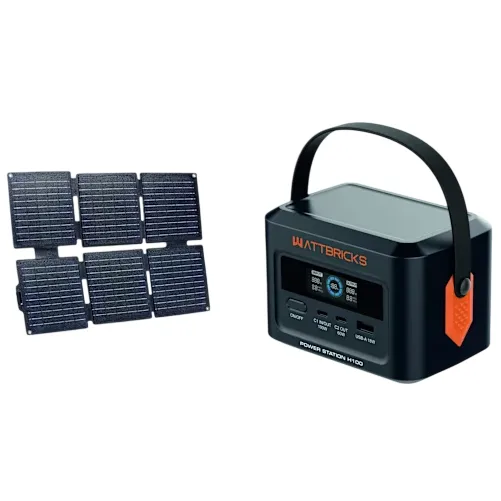A portable solar power station with a foldable solar panel and a handheld unit featuring a handle and multiple output options.