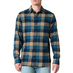 A men's flannel shirt featuring a blue and beige plaid pattern, with long sleeves, button-up front, and a collar.