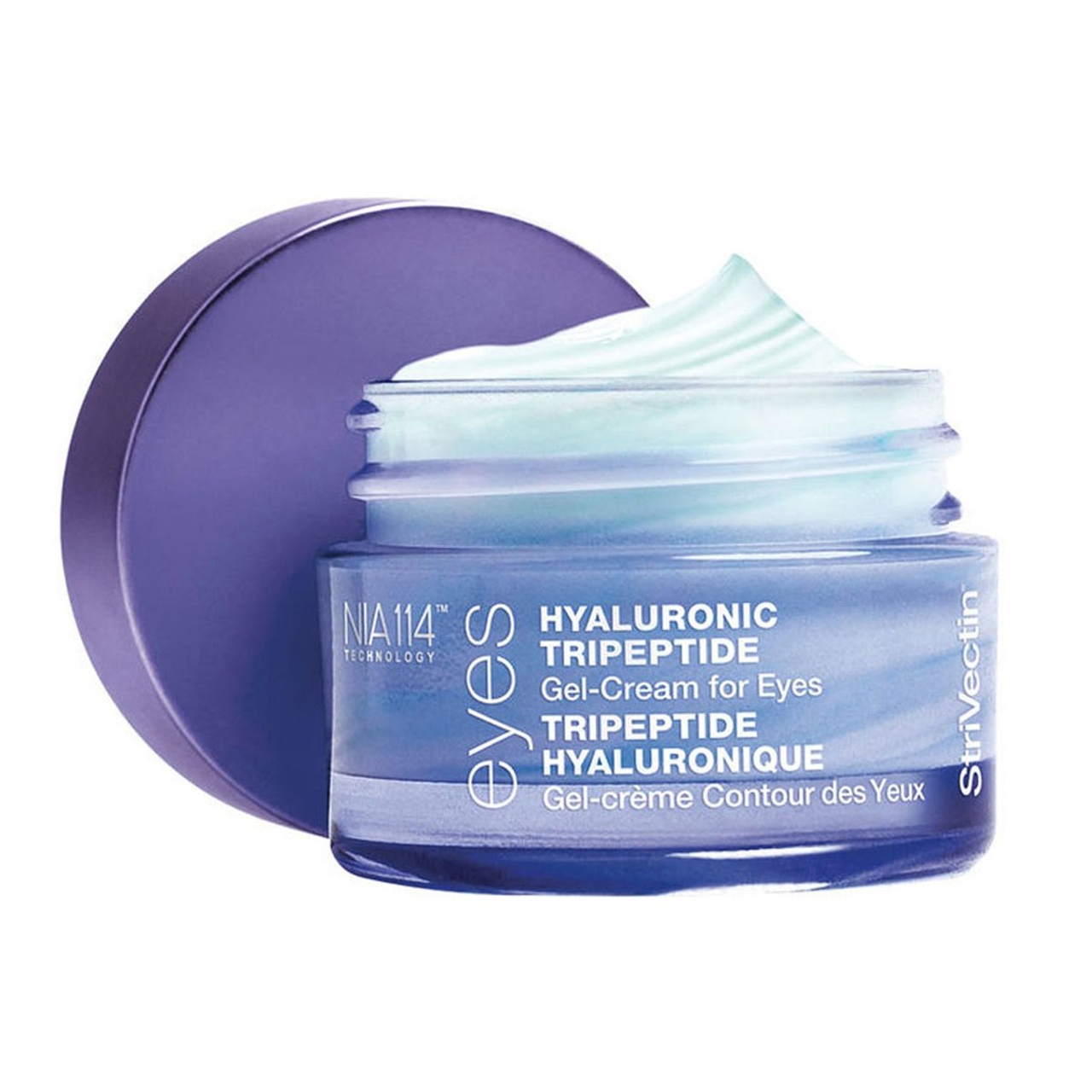 A jar of StriVectin Hyaluronic Tripeptide Gel-Cream for eyes with its lid off, revealing the cream inside.