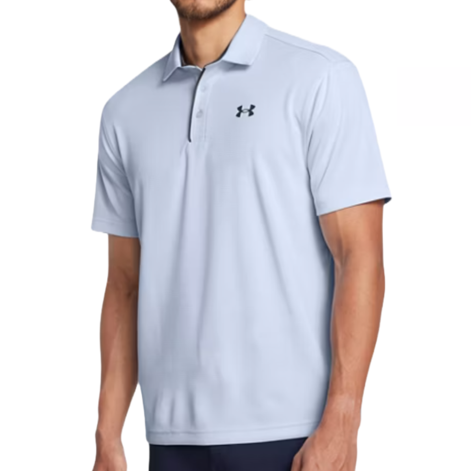 A light blue Under Armour polo shirt with a collar and short sleeves, featuring the brand's logo on the chest.