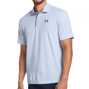 A light blue Under Armour polo shirt with a collar and short sleeves, featuring the brand's logo on the chest.
