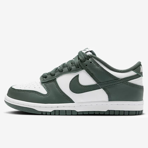 Nike Dunk Low shoes in dark green and white leather, featuring a classic silhouette with a green Nike Swoosh, green laces, and a white midsole with a dark green outsole.