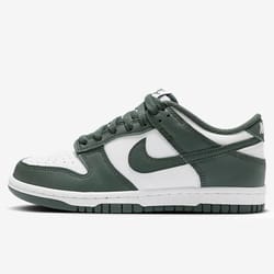 Nike Dunk Low shoes in dark green and white leather, featuring a classic silhouette with a green Nike Swoosh, green laces, and a white midsole with a dark green outsole.