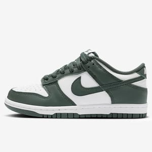 Nike Dunk Low shoes in dark green and white leather, featuring a classic silhouette with a green Nike Swoosh, green laces, and a white midsole with a dark green outsole.