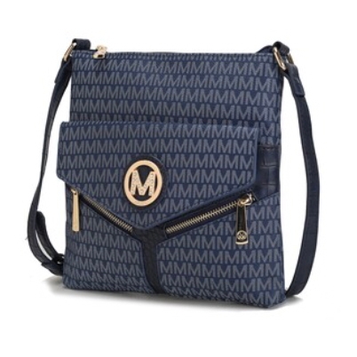 A blue crossbody shoulder bag features an \“M\“ monogram pattern with a gold-tone \“M\“ emblem and zipper details on the front pocket.