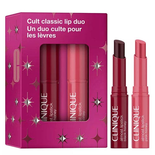 Clinique Cult Classic Lip Duo featuring two shades: Black Honey and Pink Honey.