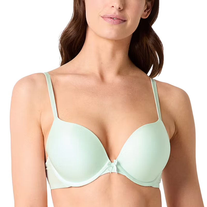 A light green push-up bra with adjustable straps and a small bow detail in the center.