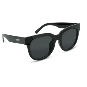 Black sunglasses with a glossy finish, featuring dark lenses and the brand \“nectar\“ on the arm.