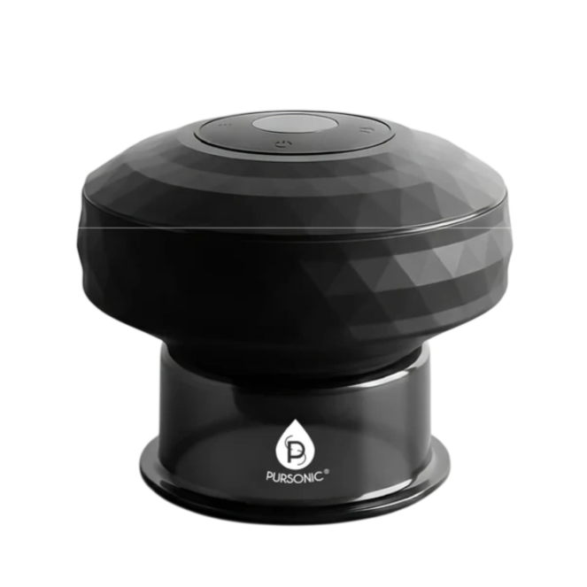 A black Pursonic diffuser with a faceted design sits on a base, featuring a power button and logo.