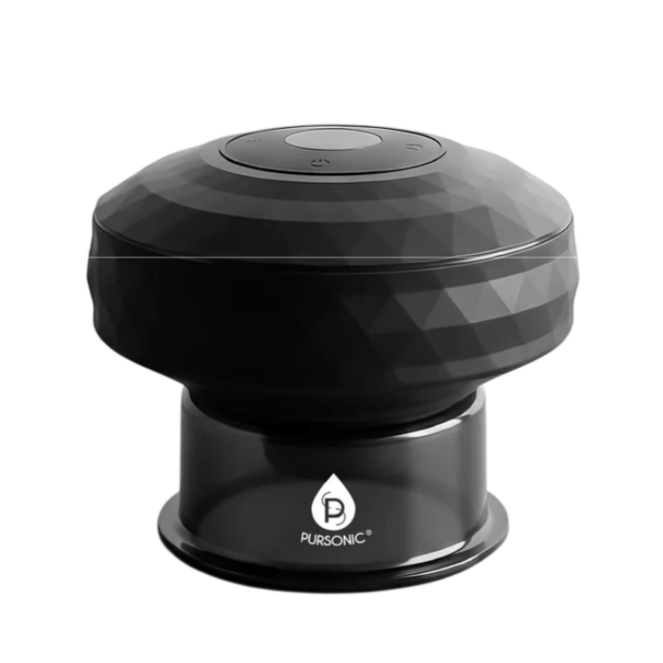 A black Pursonic diffuser with a faceted design sits on a base, featuring a power button and logo.