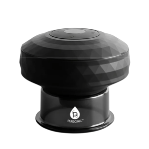 A black Pursonic diffuser with a faceted design sits on a base, featuring a power button and logo.