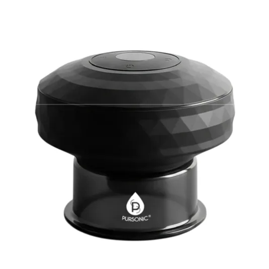 A black Pursonic diffuser with a faceted design sits on a base, featuring a power button and logo.