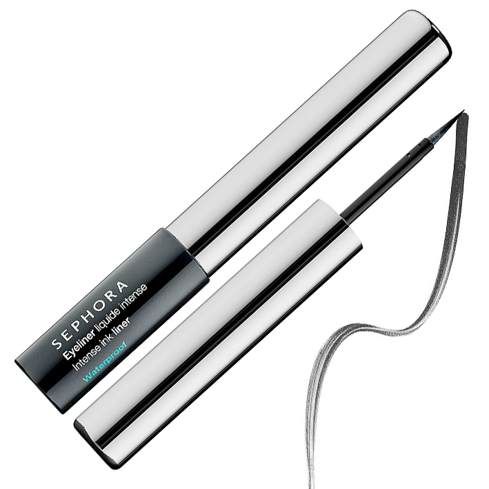 Silver and black liquid eyeliner pen with a swatch of liner next to it.