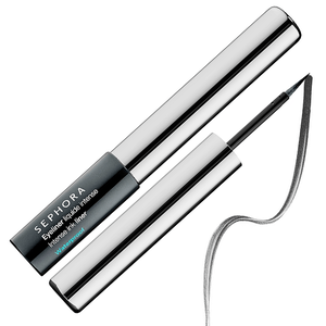 Silver and black liquid eyeliner pen with a swatch of liner next to it.