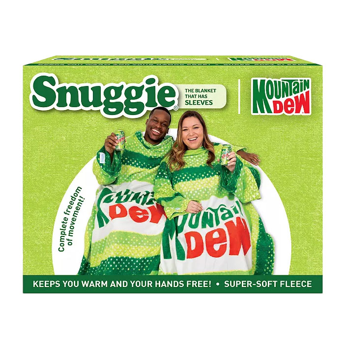 The Mountain Dew Snuggie is a green and white wearable blanket with sleeves, featuring the Mountain Dew logo. It promises warmth, freedom of movement, and allows hands to remain free.