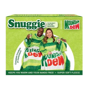 The Mountain Dew Snuggie is a green and white wearable blanket with sleeves, featuring the Mountain Dew logo. It promises warmth, freedom of movement, and allows hands to remain free.