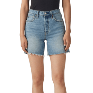 High-waisted denim shorts with a frayed hem, featuring classic five-pocket styling.