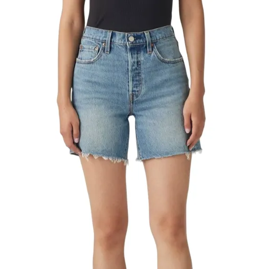 High-waisted denim shorts with a frayed hem, featuring classic five-pocket styling.