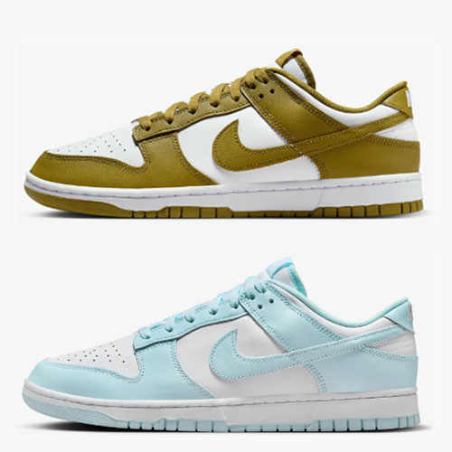 Two pairs of Nike Dunk Low sneakers, one in shades of yellow and green, the other in light blue.