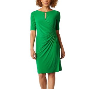 Short sleeve green sheath dress with a keyhole neckline and side ruching for a flattering fit.