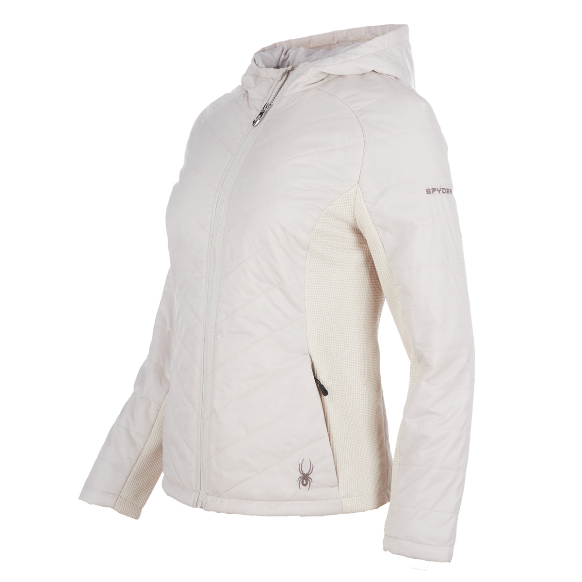 Light beige hooded hybrid jacket with quilted front panels and the Spyder brand logo on the upper left sleeve.