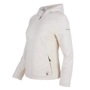 Light beige hooded hybrid jacket with quilted front panels and the Spyder brand logo on the upper left sleeve.