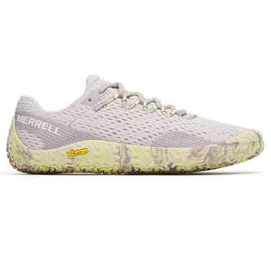 Merrell athletic shoe with a beige and light purple mesh upper, featuring a Vibram sole with a geometric pattern for enhanced traction.