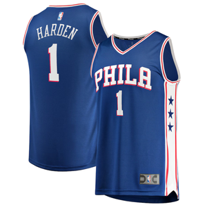 A blue Philadelphia 76ers basketball jersey with the name \“Harden\“ and number 1 on the back. The front features \“PHILA\“ and the number 1, with side panels displaying stars.