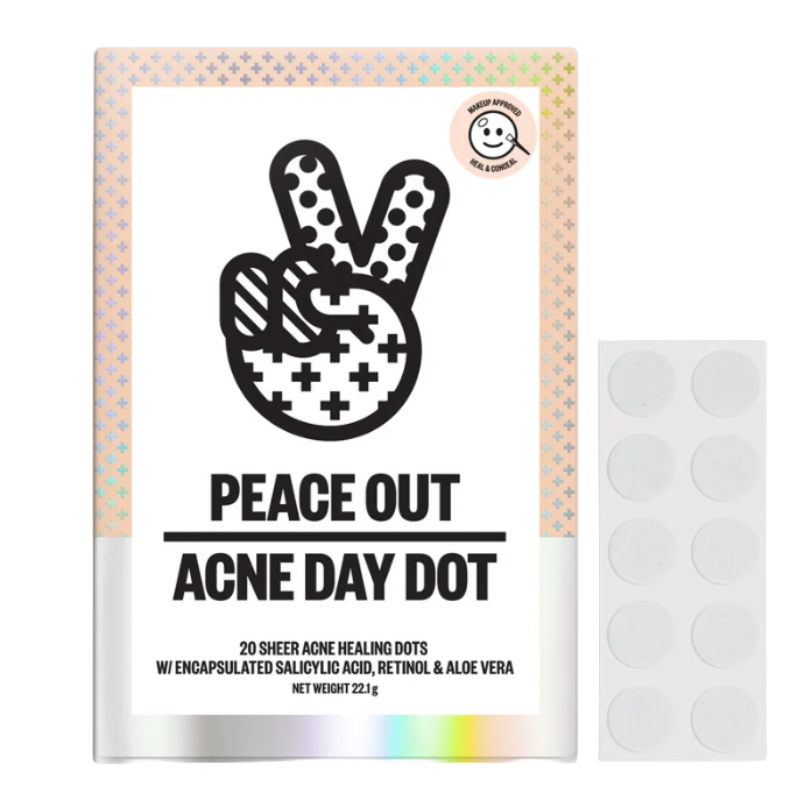 Peace Out Acne Day Dot: 20 sheer healing dots containing encapsulated salicylic acid, retinol, and aloe vera, designed for acne treatment and makeup compatibility.