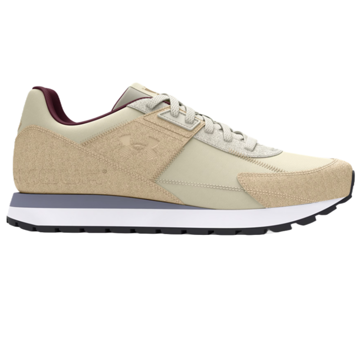 Under Armour Men's Essential Shoes feature a beige and maroon color scheme with a sleek design, suede overlays, and a comfortable cushioned sole, ideal for casual wear.