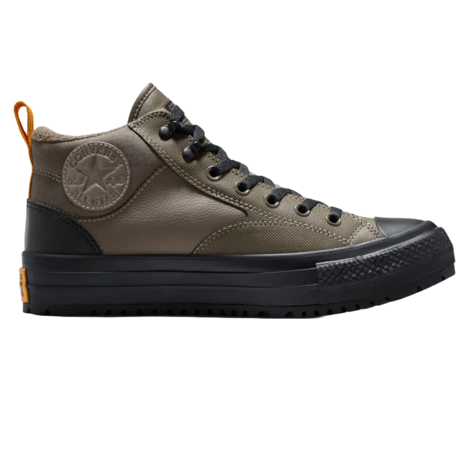 The Converse Malden Street Shoes feature a rugged design with a high-top silhouette, combining khaki and black tones, a sturdy black sole, and orange accents. They have a textured toe cap, lace-up closure, and signature Converse patch on the side.