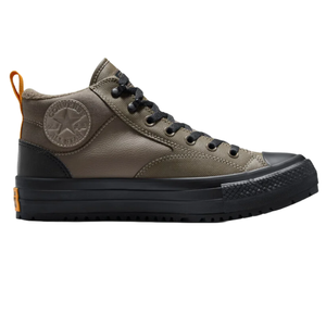 The Converse Malden Street Shoes feature a rugged design with a high-top silhouette, combining khaki and black tones, a sturdy black sole, and orange accents. They have a textured toe cap, lace-up closure, and signature Converse patch on the side.