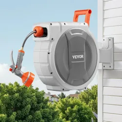Wall-mounted retractable garden hose reel with a handle for easy carrying, featuring a nozzle and designed for convenient water storage and dispensing.